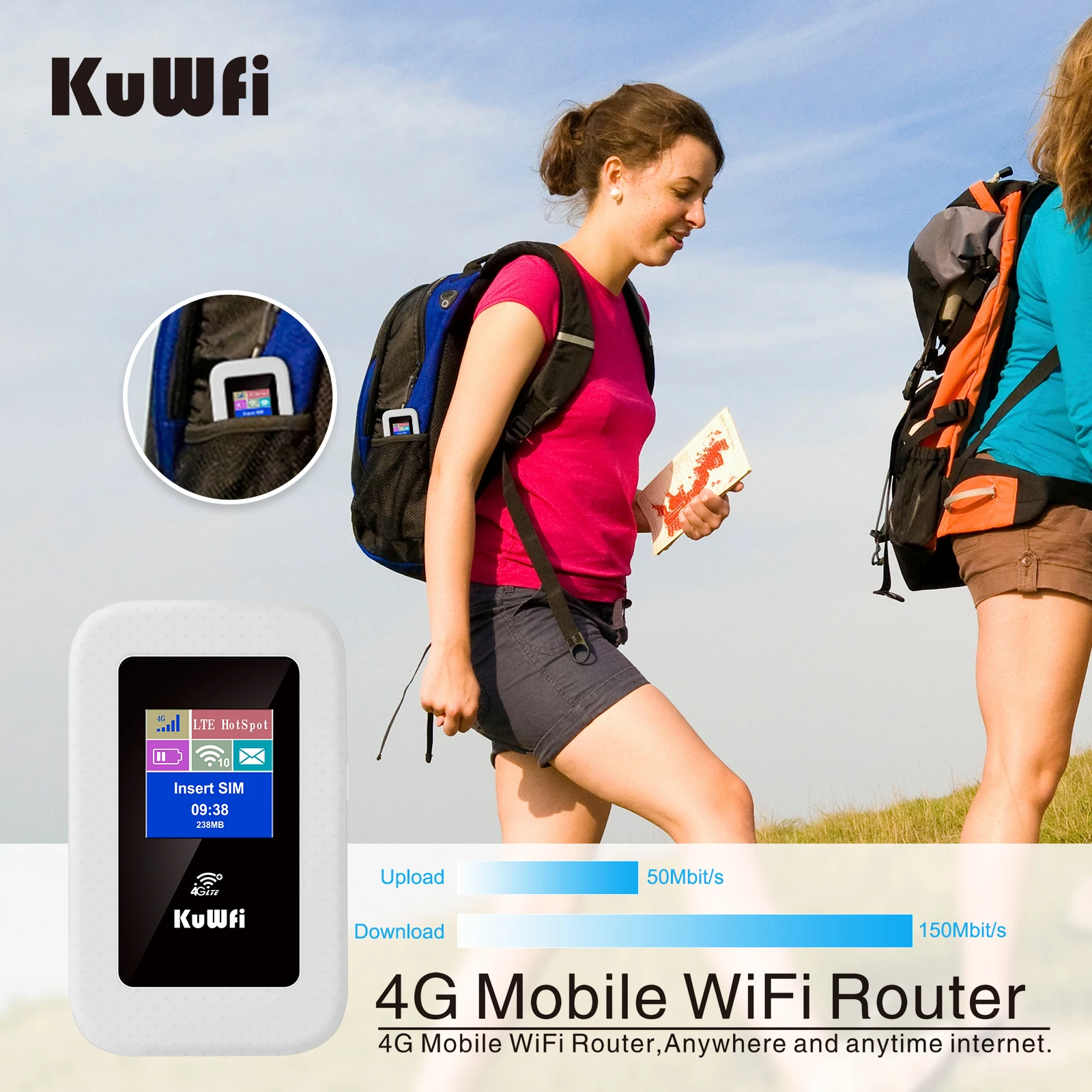KuWFi Router 4G LTE Korea 150Mbps, Router Hotspot seluler Mini luar ruangan 4G LTE Modem Wi-fi Router kartu SIM untuk RU/Korea/Brasil/UE