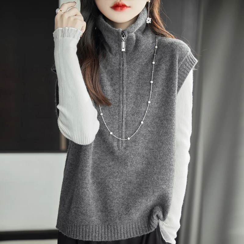 Zipper sleeveless solid color new top high-end loose autumn and winter Blouse women's high neck cardigan