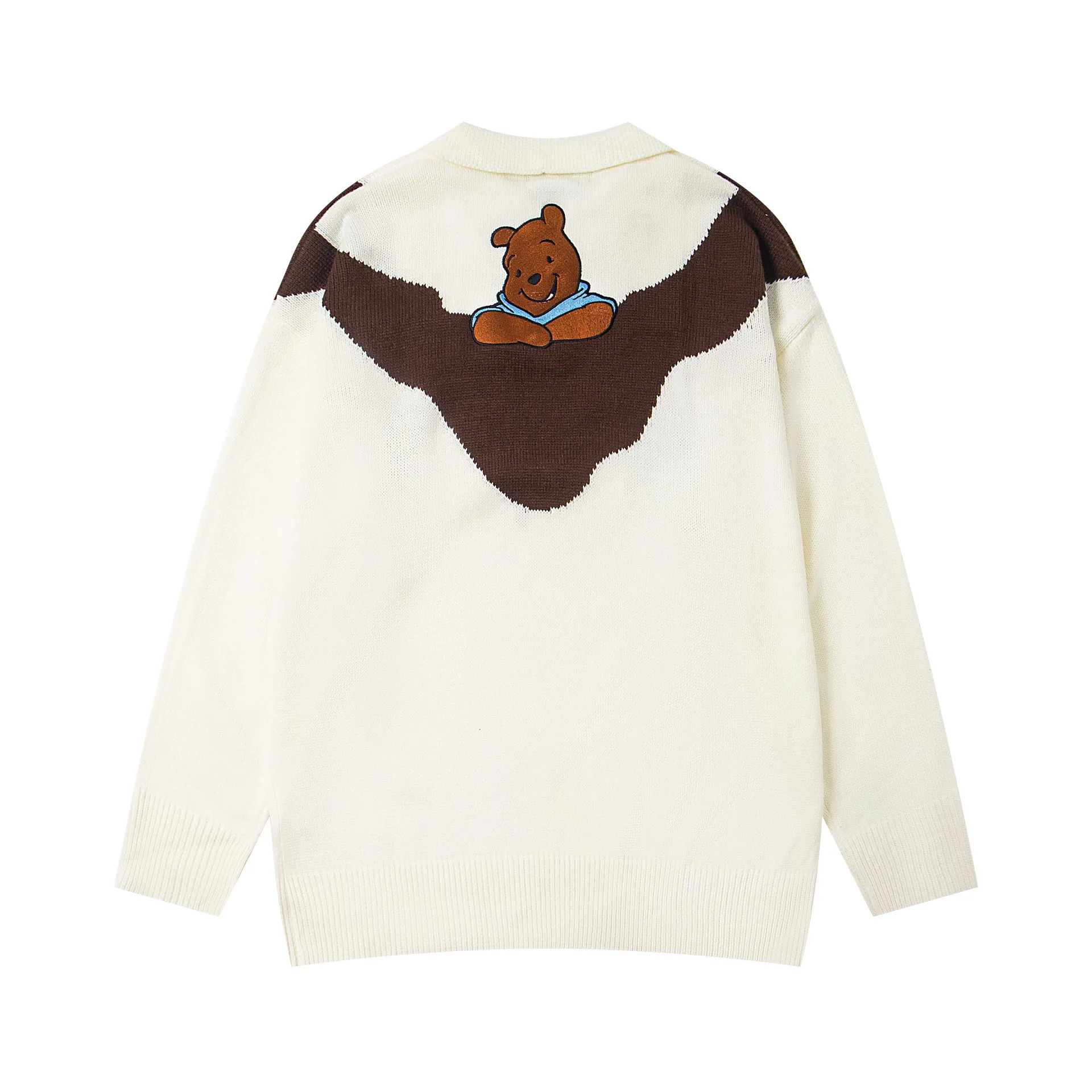 미국 레트로 베어 컬러 블록 라펠 스웨터 유니섹스 가을 루즈 캐주얼