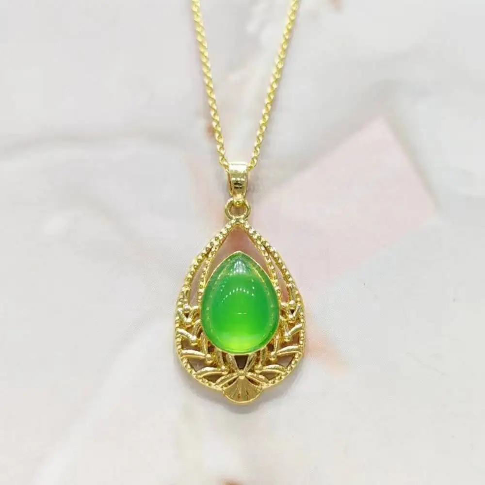 Elegante Pingente de Jade Chrysoprase para Mulheres, Cadeia Clavícula, Colar Natural Calcedônia, Jóias Charme, Simples Pedras Preciosas Elegantes