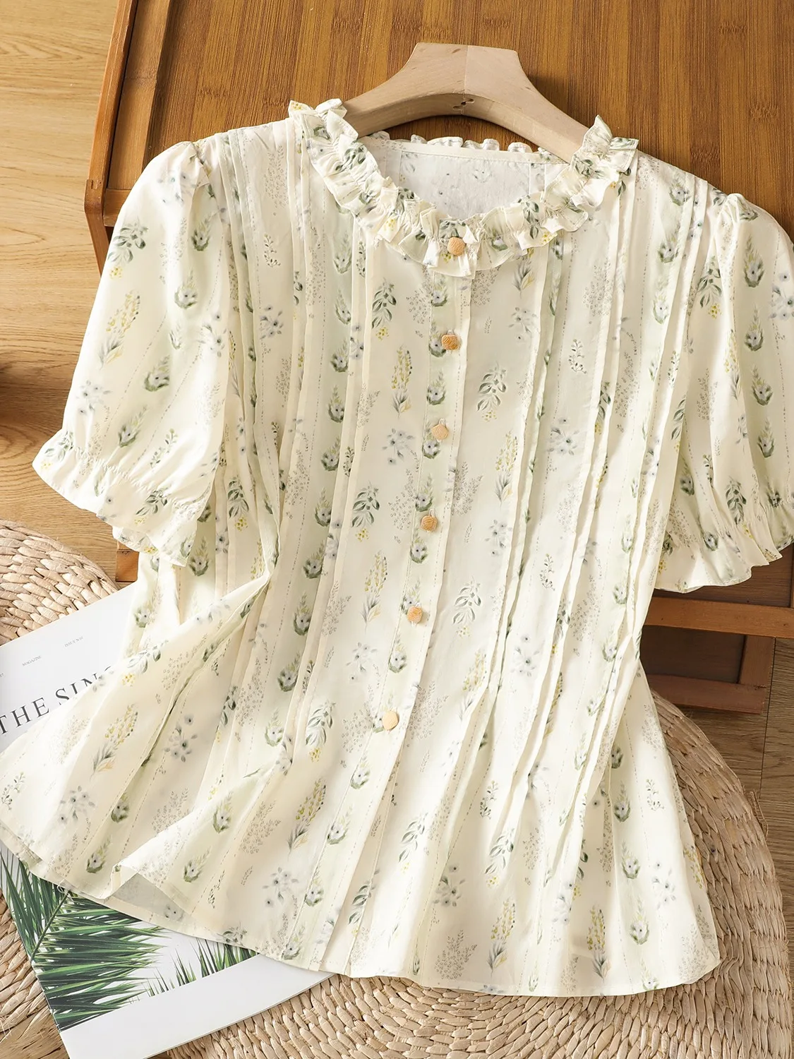 French Sle Cotton Floral Print ort Sve irt Damen Sommer Schlankheits-Spitzenkragen-Top Bubble Sve Petal Collar irt