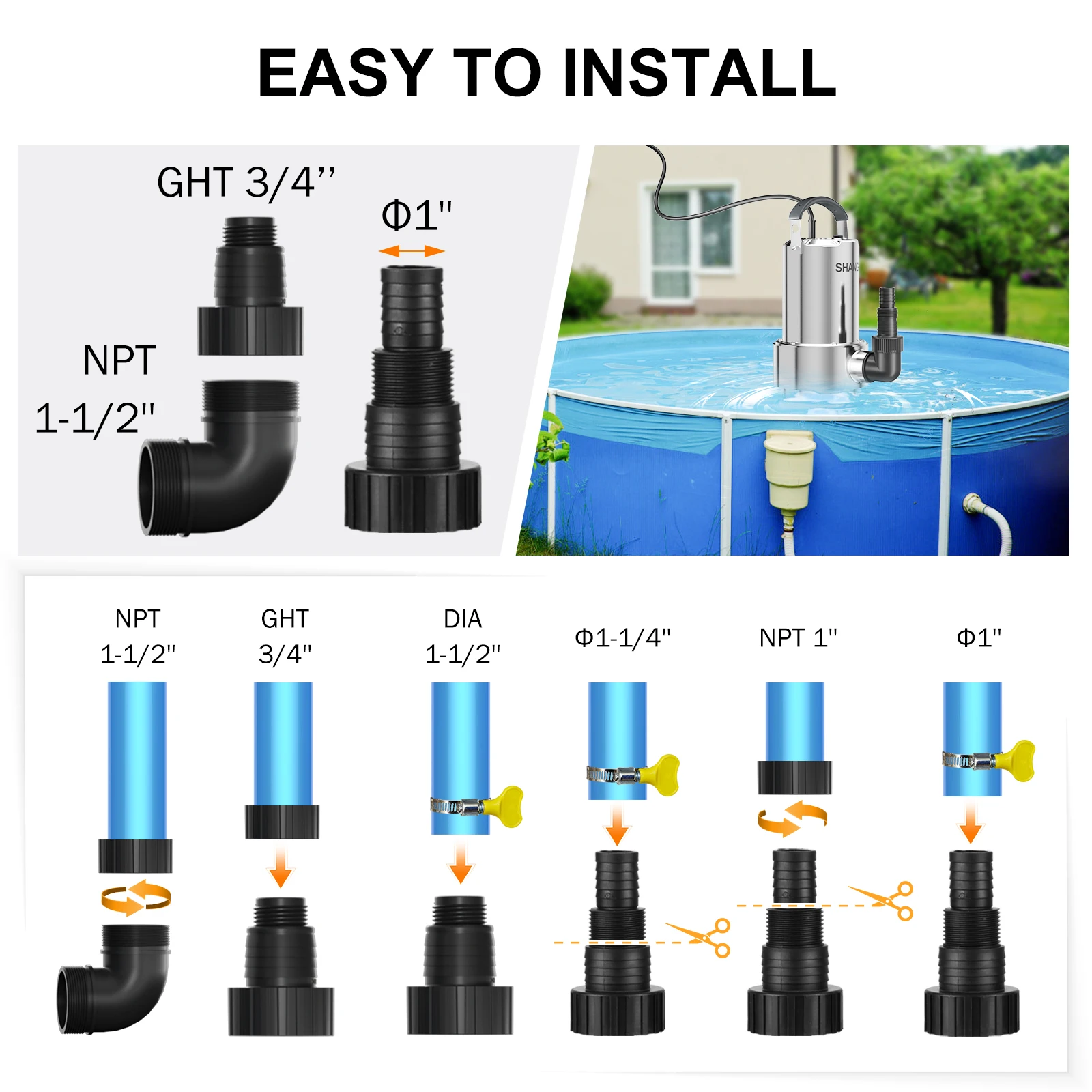 Sump Pump 1.6 HP Submersible Water Draining Pump 5500 GPH Stainless Steel Electric Clean/Dirty Water Transfer Pumps with Adapter