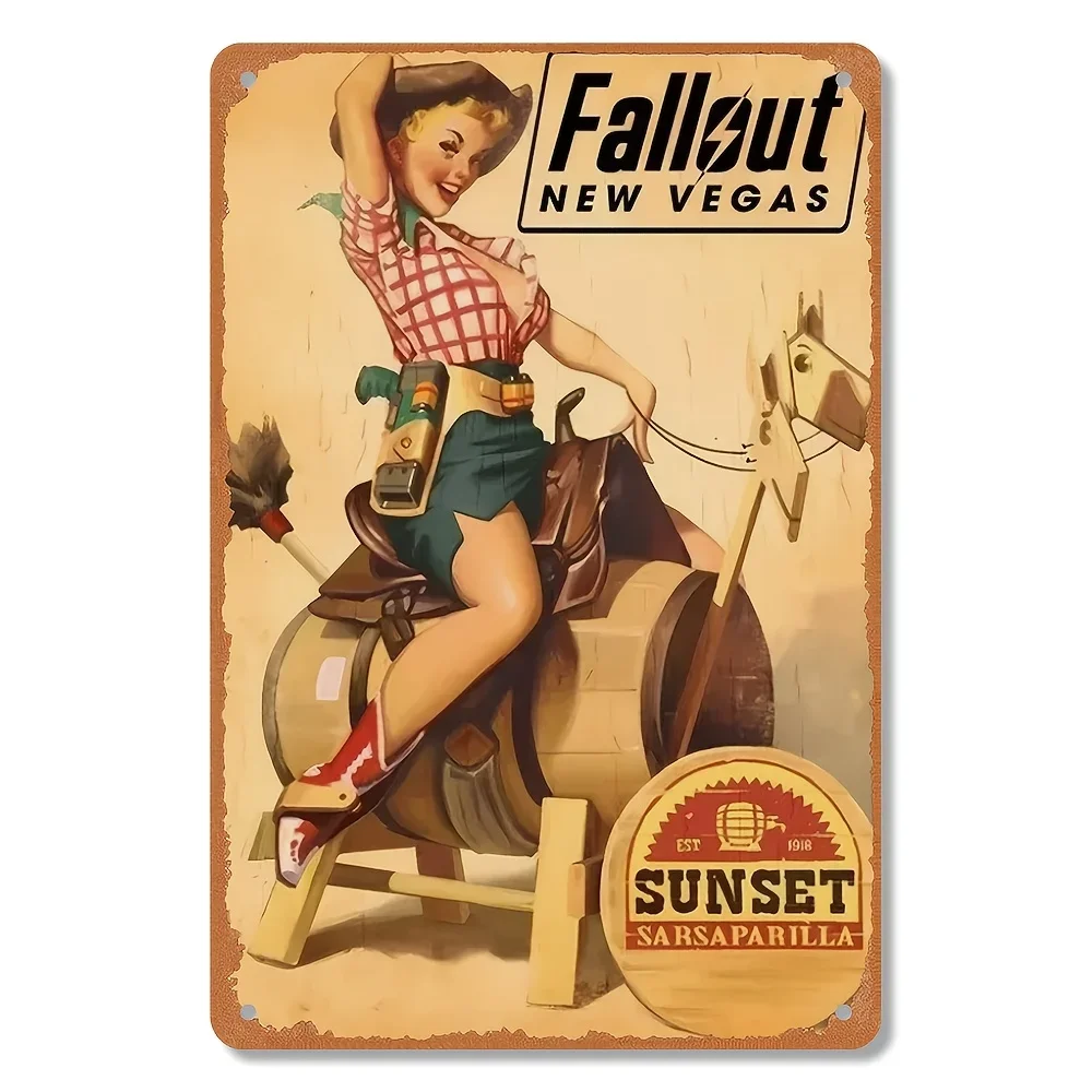 لوحة فنية جدارية "Fallout New Vegas" من القصدير أحذية رعاة البقر الريفية وفن سباق الأسطوانات ديكور حديدي مقاوم للطقس للحانات والنوادي