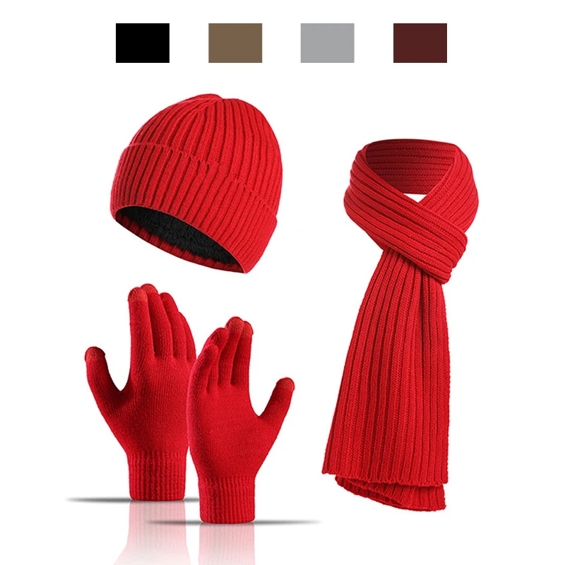 Fashion Trend Solid Color Men And Women Knitted Luxury Scarf Hat Gloves Winter Warm Three Piece Set Clothing Accessories Gift