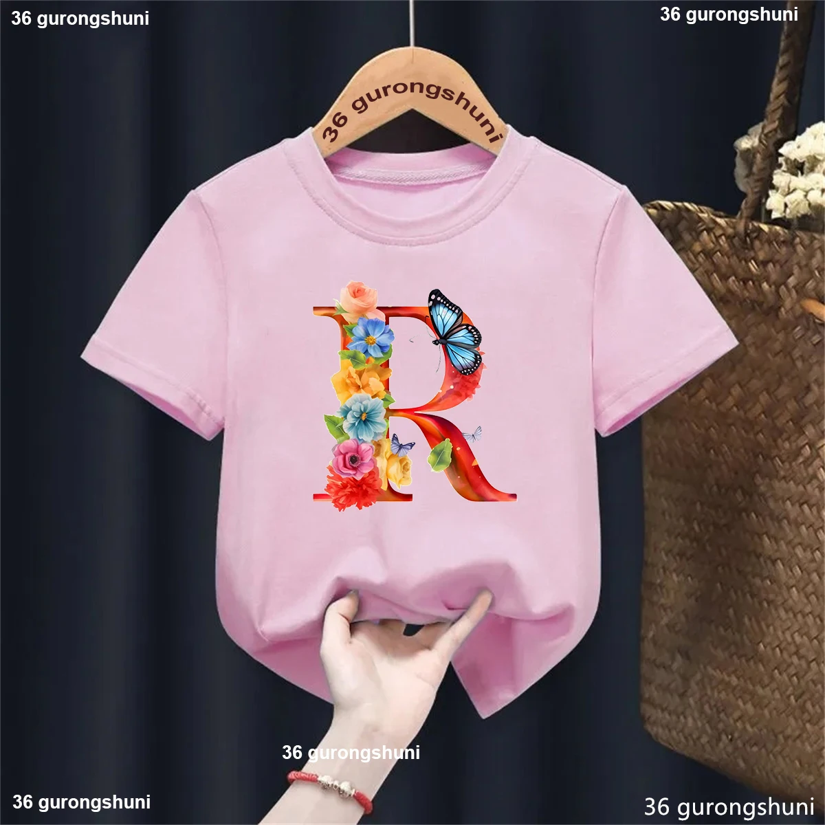 

New 26 Alphabetic Letter Flowers Butterfly Printed T Shirt Girls Kawaii Kids Clothes Toddler Shirt Summer Fashion T-Shirt