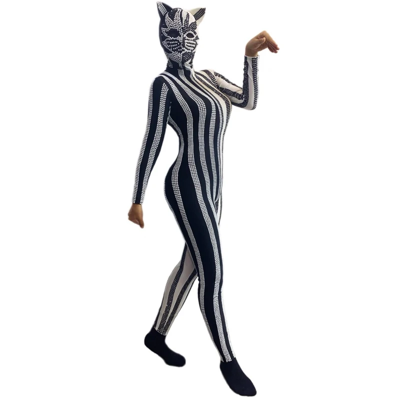 Halloween bar boate dj cosplay jazz dançarino traje strass estiramento macacão animal headwear feminino rave outfit xs10049
