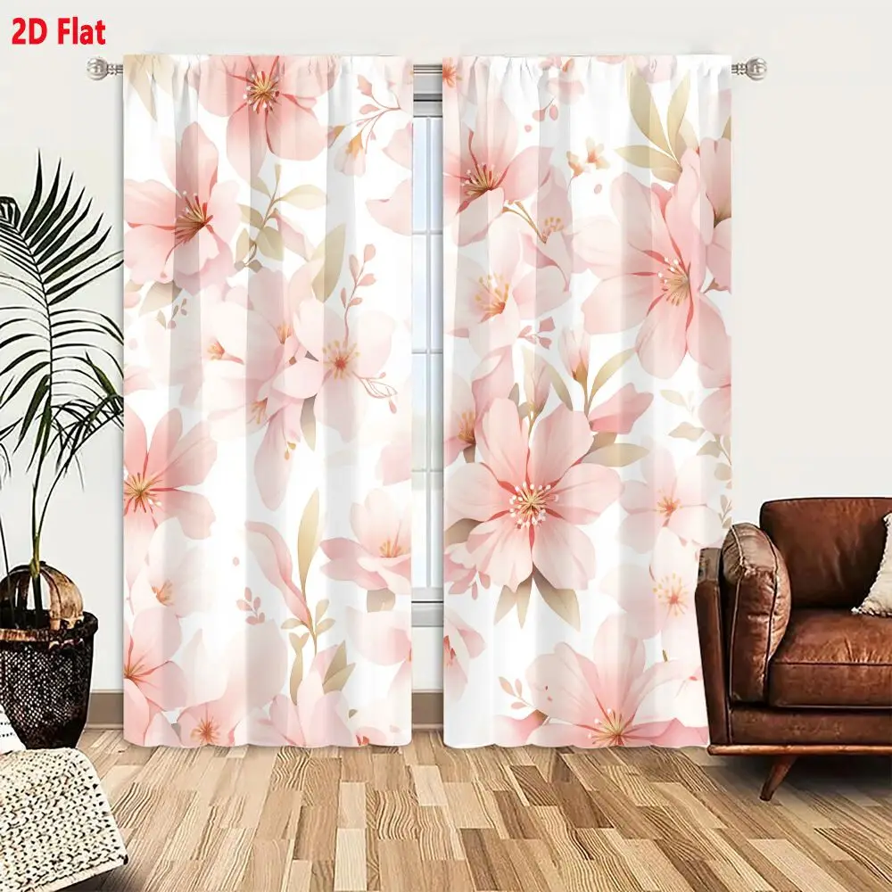 2Pcs Curtains 2D Flat Seamless Floral Pattern With Pink Cherry Blossoms On White Background Window Drapes for Bedroom Room Decor