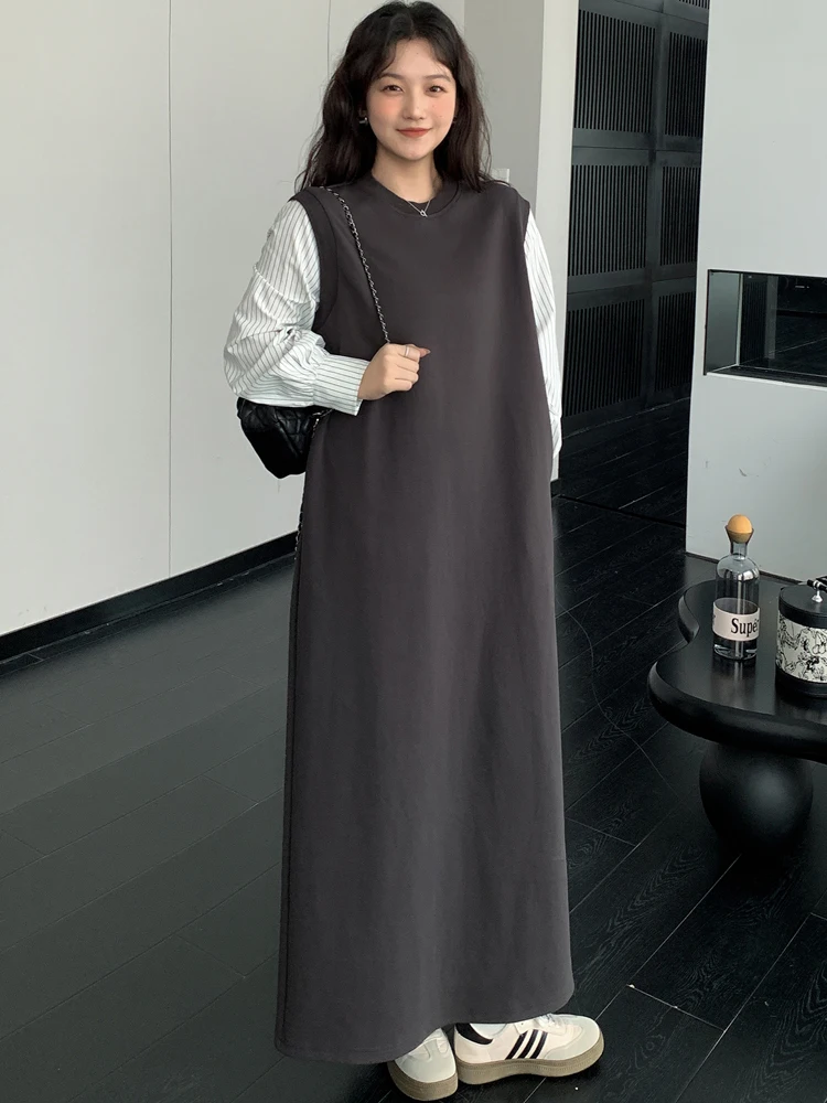 NYFS 2025 خريف جديد رمادي مخطط قطعتين وهمية فستان طويل فضفاض حجم كبير ملابس خارجية رداء للنساء Elbise #3