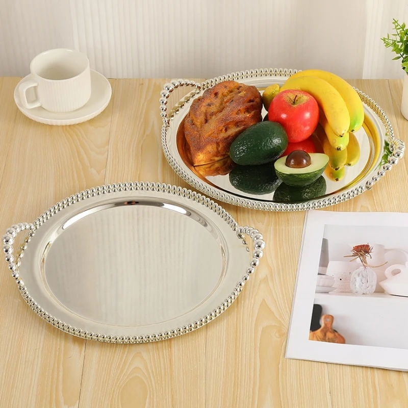 

European Style Polishing Texture Circle Shape Tray,Silver Alloy Tea Disc Home Cheese Food Plate,Snack Disc Table Decoration