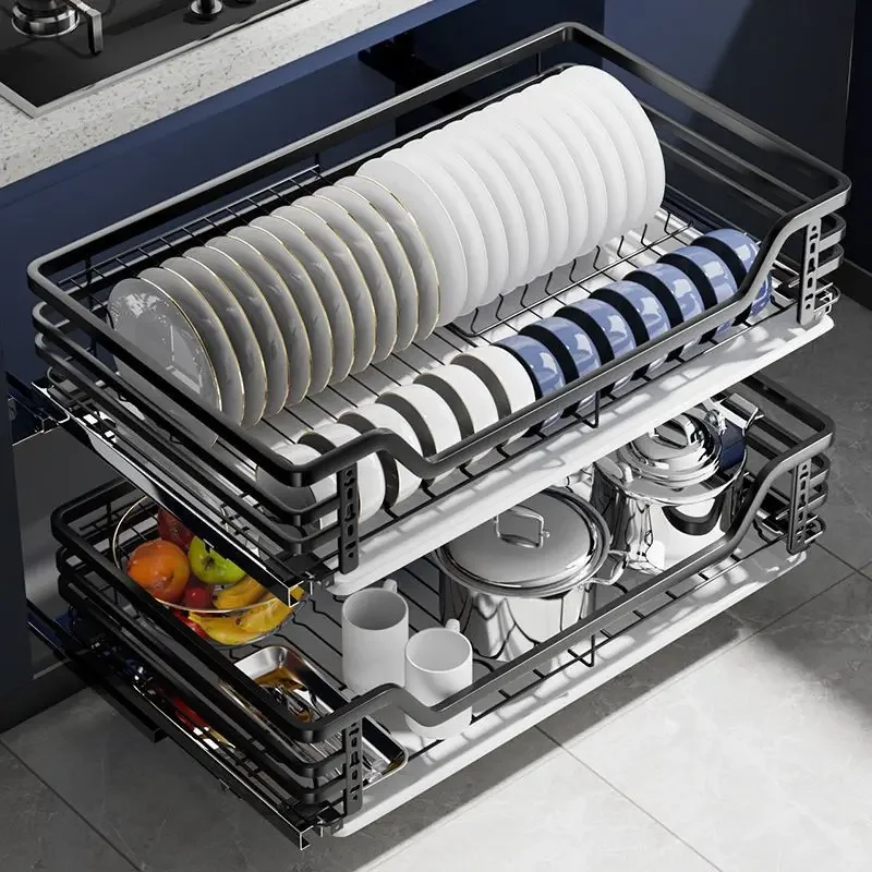 Thickened double layer 304 stainless steel cabinet pull-out basket drawer type seasoning basket kitchen dish basket rack buffer