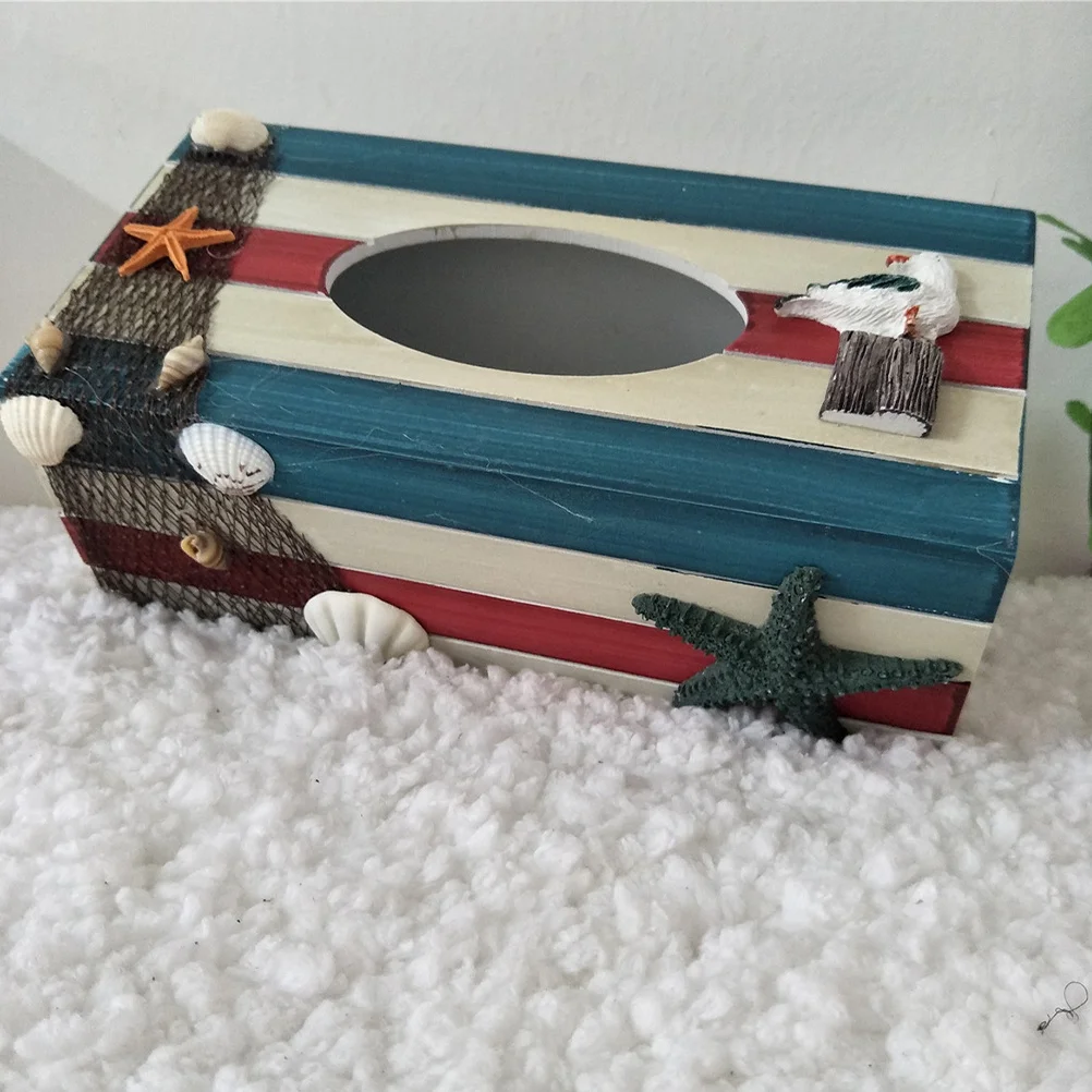 

1pc Decorative Tissue Box Wooden Mediterranean Style Storage Container For Home Office Desktop Color Stripe Tissue Holder Case