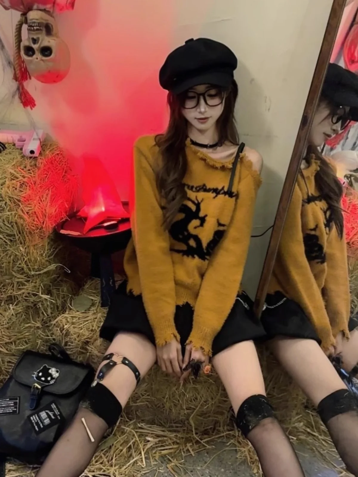Street Sle Witch Pumpkin loween Maglione da donna Autunno Inverno Arancione lavorato a maglia o spalla Bared Top Pure Desire Loose Fit