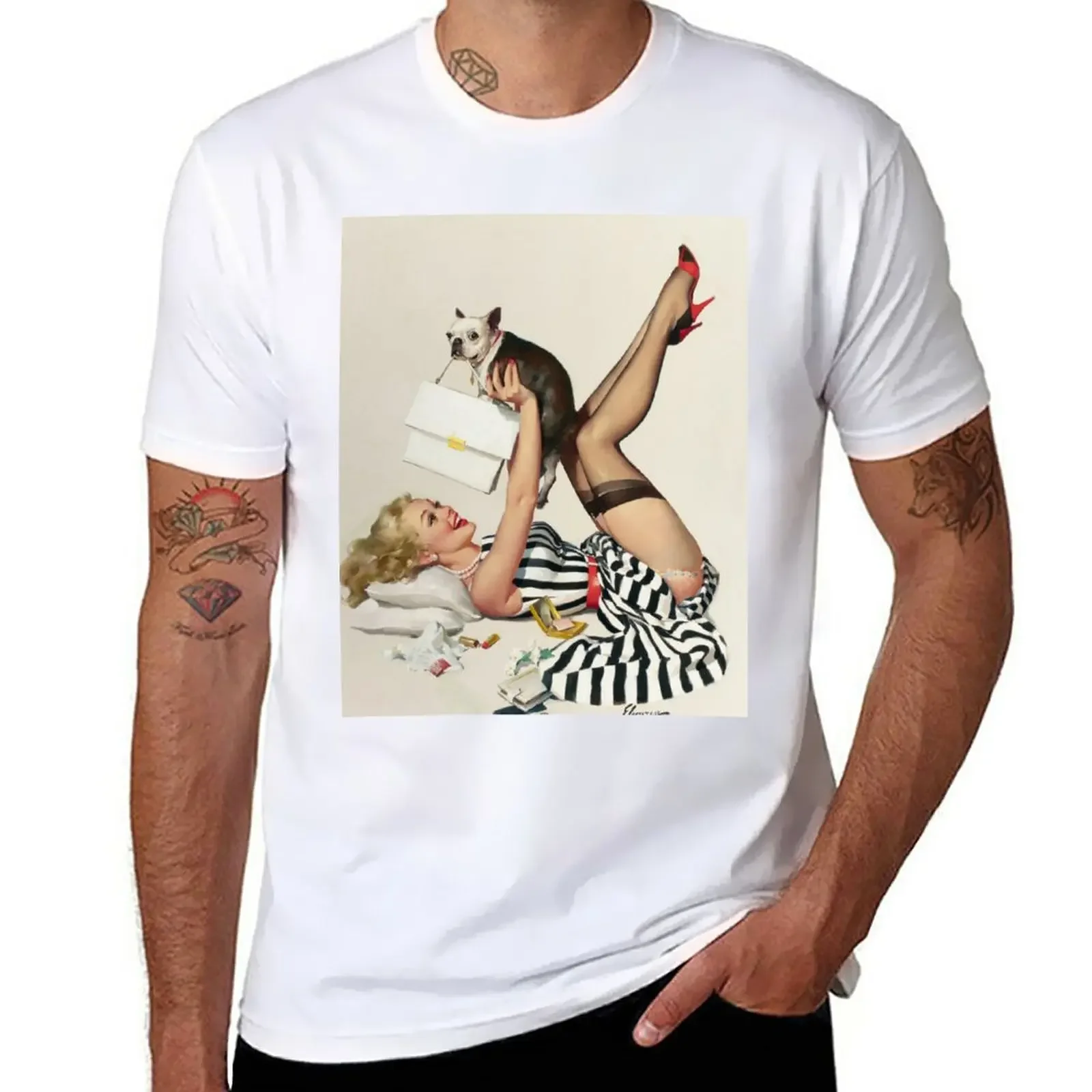 Vintage Naughty Puppy Love Gil Elvgren Pin Up Girl T-Shirt anime Blouse quick drying men clothing