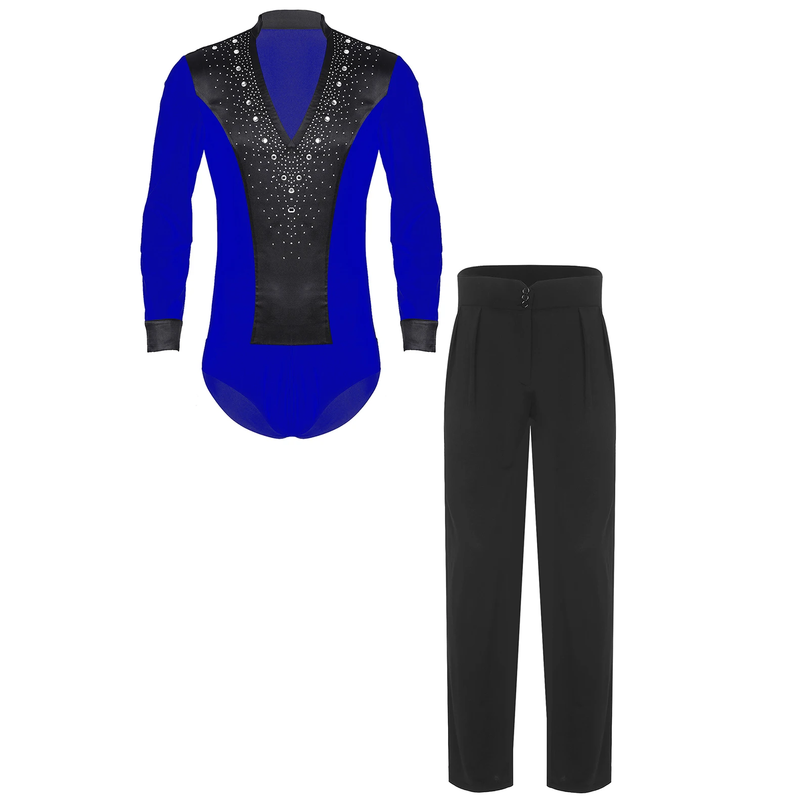 ชุดเต้นบัลเลต์ละตินสำหรับผู้ชาย คอวี แขนยาว บอดี้สูท และกางเกงขายาวทรงตรงเอวสูง สำหรับเต้นบอลรูม ชาช่า แทงโก้
