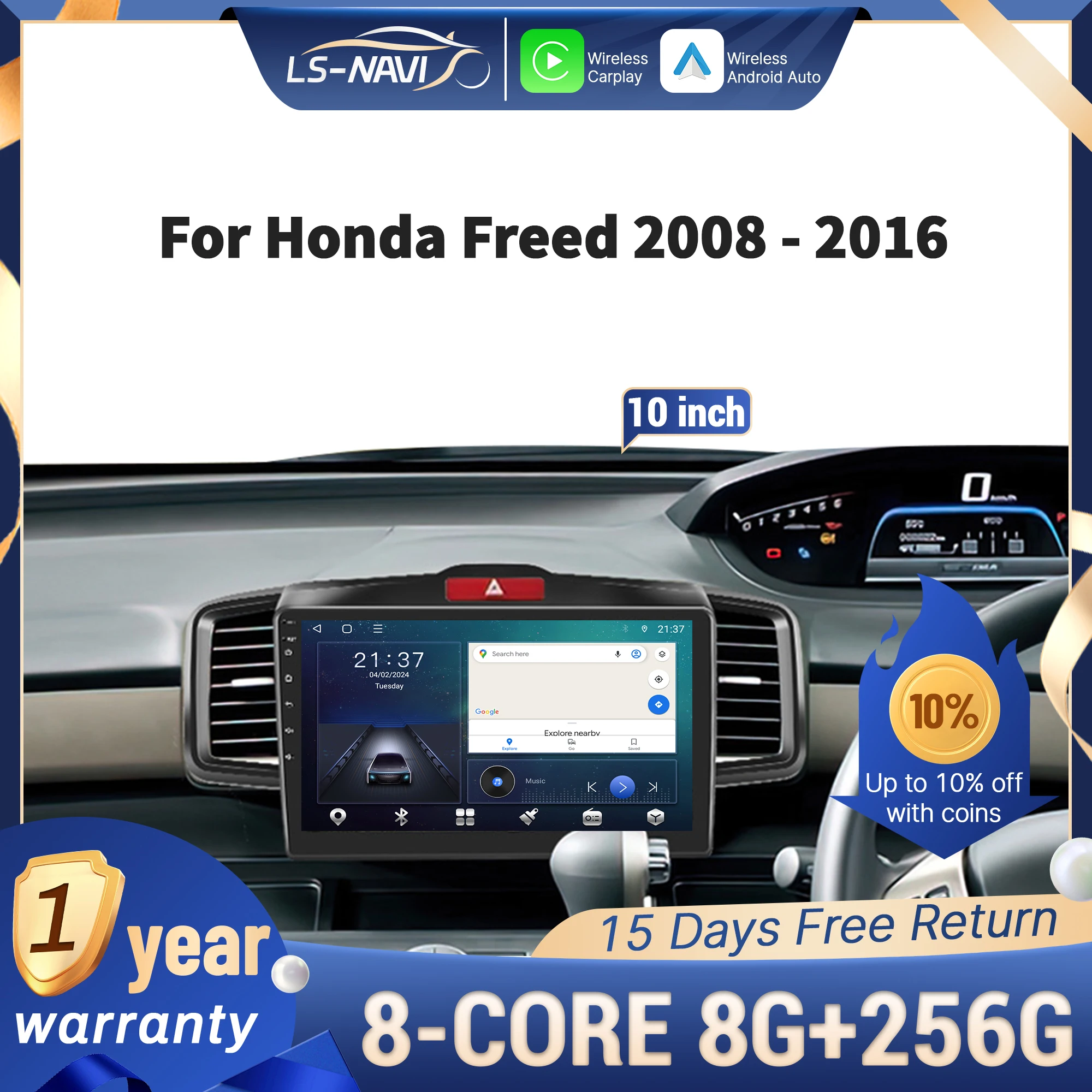 

For Honda Freed 2008-2016 Car Radio Multimedia Navigation GPS Wireless Android CarPlay 4G Touch Head Unit Stereo Screen