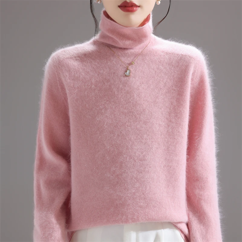 

2025 Autumn Winter Women's High-collar Wool Loose Pullover Cashmere Sweater Long Sleeved Solid Color Knitted Bottom Sweaters