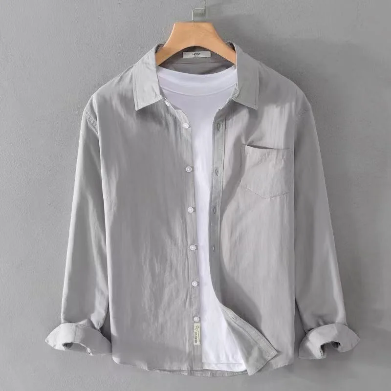 Light Khaki Linen Long Sleeve Shirt Men Summer Thin Lazy Style Casual Loose Sun Protection Shirt Breathable Comfortable Cotto...