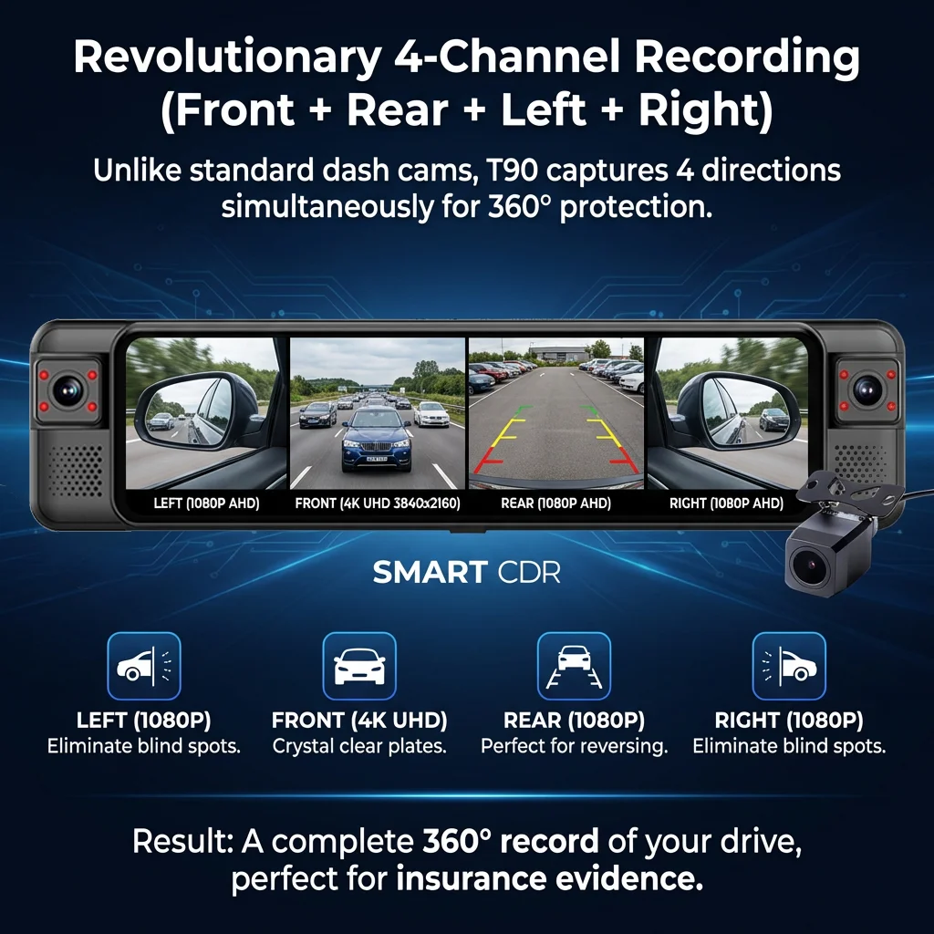 11.26'' 4K Rear View Mirror Dash Cam Supports ADAS BSD 4 Channel 360° Front Left Right Rear Car DVR Loop Recording Black Box
