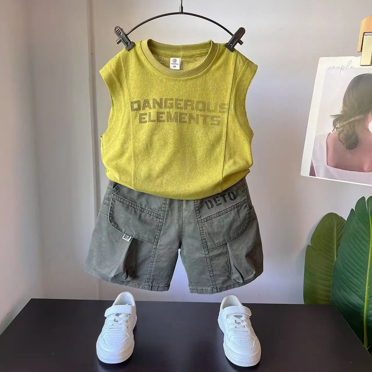 

Summer Kids Outfits Korean Boys Cotton Sleeveless Yellow Letter Shirt +Shorts 2 Pcs Set Fashion Baby Boy Costume