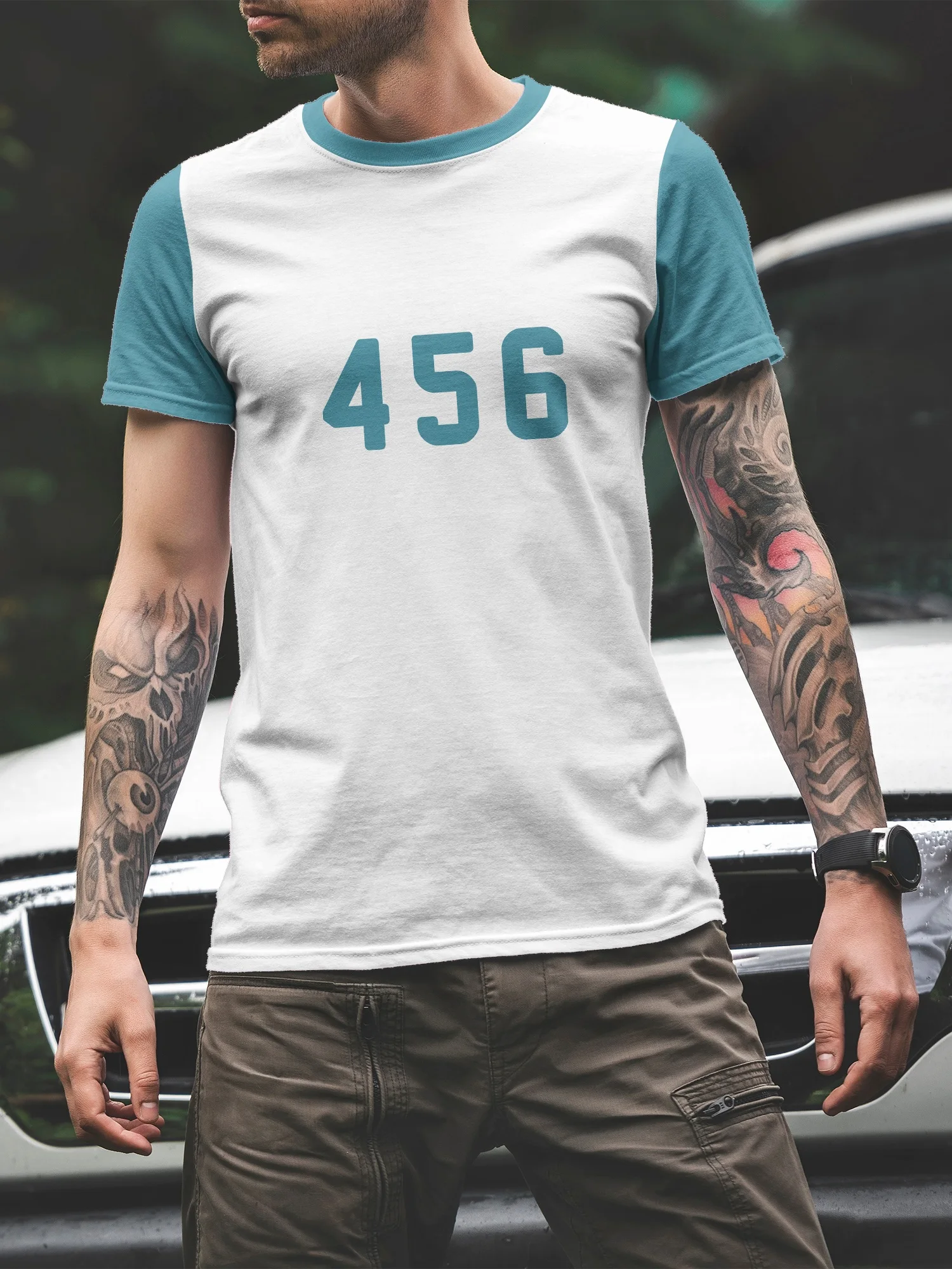 Men's Short-Sleeve Ringer T-Shirt – 456 Number Graphic Print, White with Teal Sleeves, Ideal for Casual Daily Wear