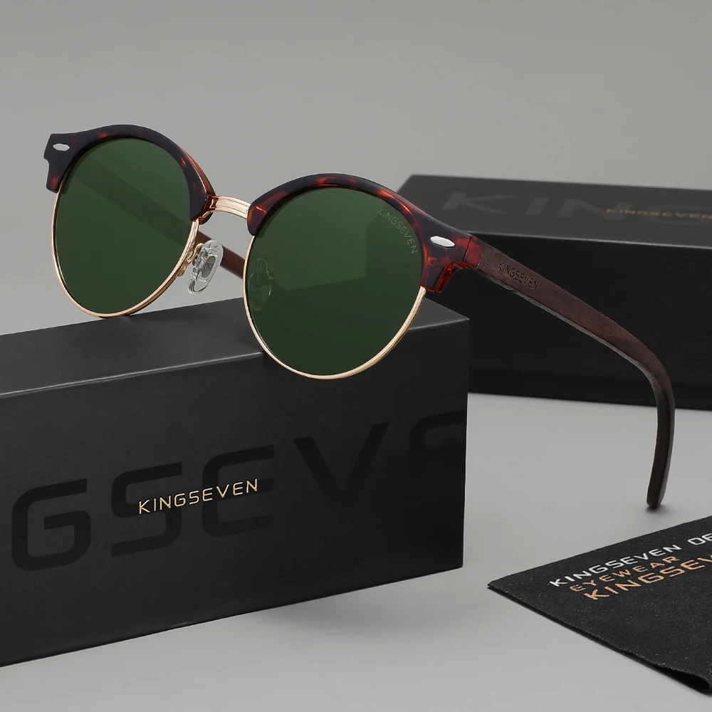 Image of KINGSEVEN Klassische Sonnenbrille aus schwarzem Walnussholz für Damen und Herren, polarisierte Vintage-Spiegelgläser, UV400, hochwertige Brille