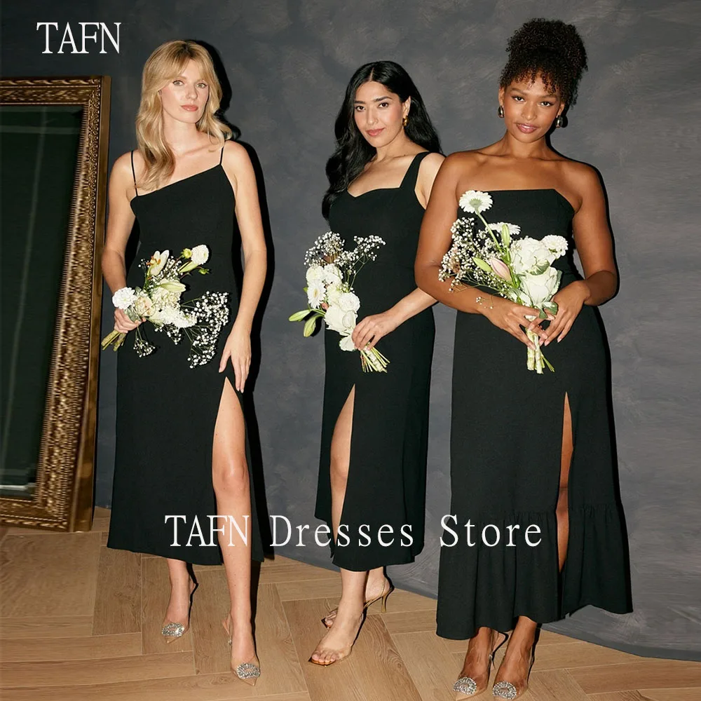 

TAFN Bridesmaid Dresses Black Side High Slit Wedding Party Dresses Simple Elegant Tea-Length Wedding Guest Dresses