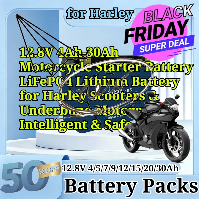 12.8V 4Ah-30Ah Motorcycle Starter Battery LiFePO4 Lithium Battery for Harley Scooters & Underbone Motorcycles Intelligent & Safe