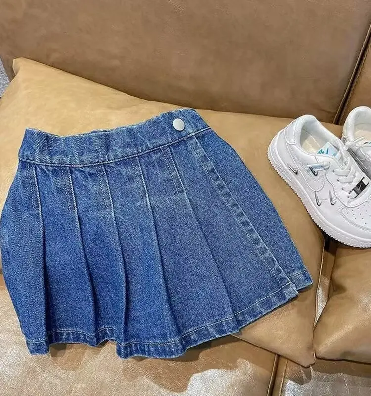 Girls Denim Skirts Vintage Girls\' pleated skirt 2024 new summer Teenageculottes fake two children\'s skirts and shorts girls