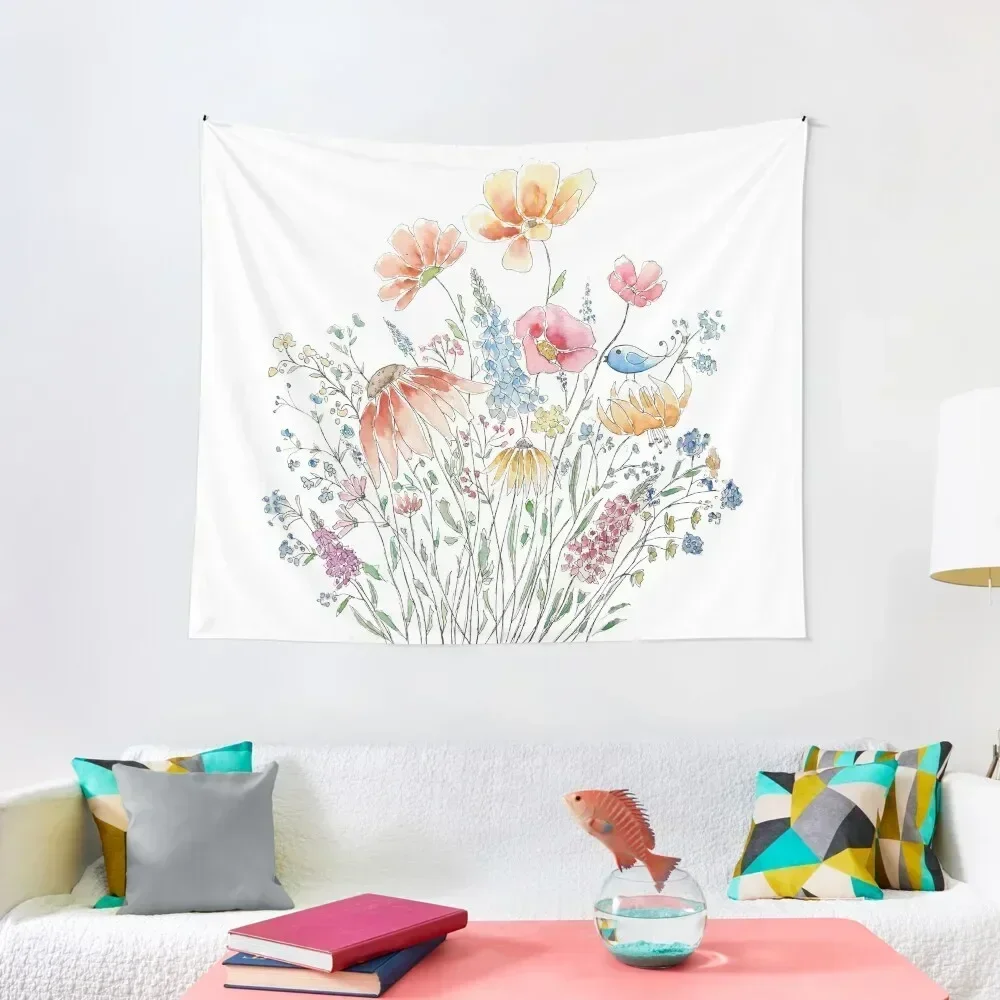 

wild flower bouquet and blue bird-line and watercolor 2 Tapestry Home Decor Aesthetic Wallpaper Bedroom Tapestry