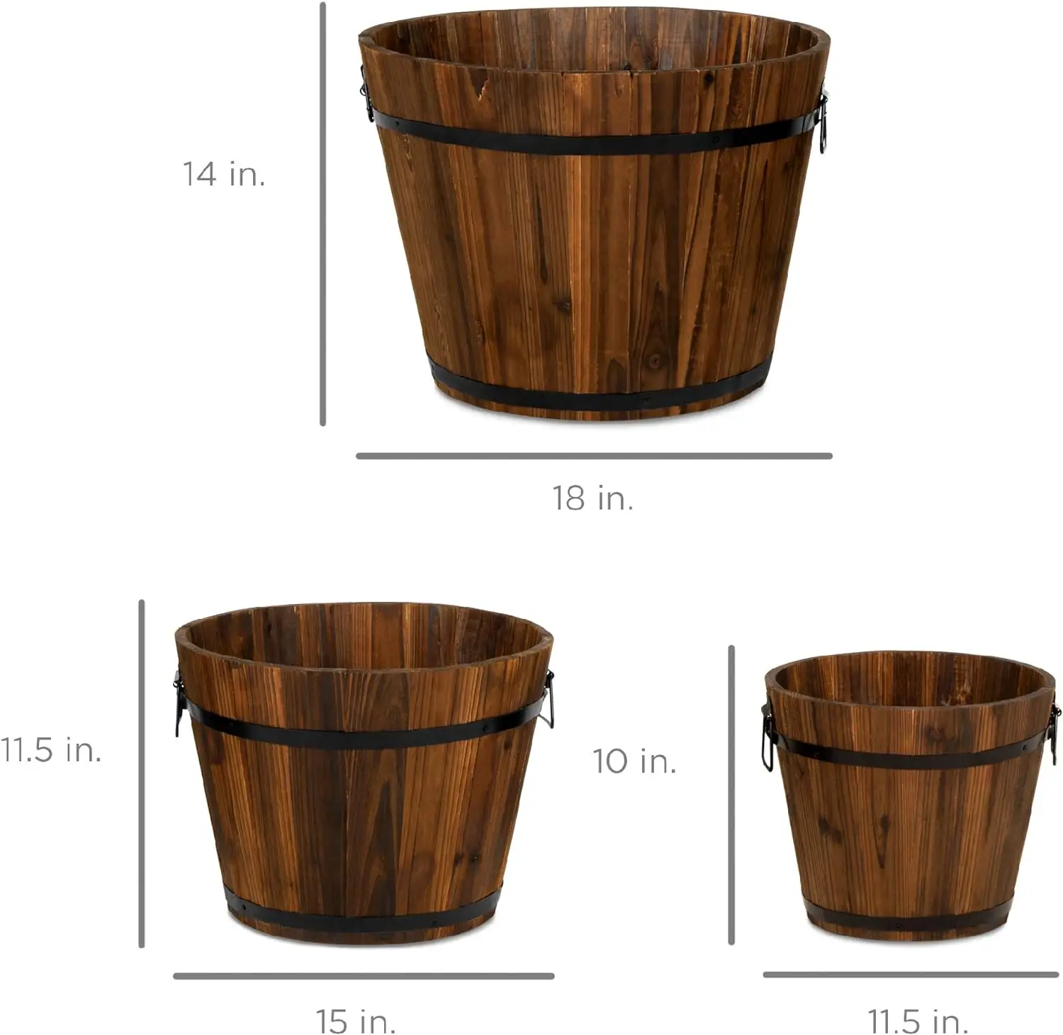 Best Choice Products Set of 3 Wooden Bucket Barrel Garden Planters Set Rustic Decorative Flower Beds for Plants, Herbs, Veggies