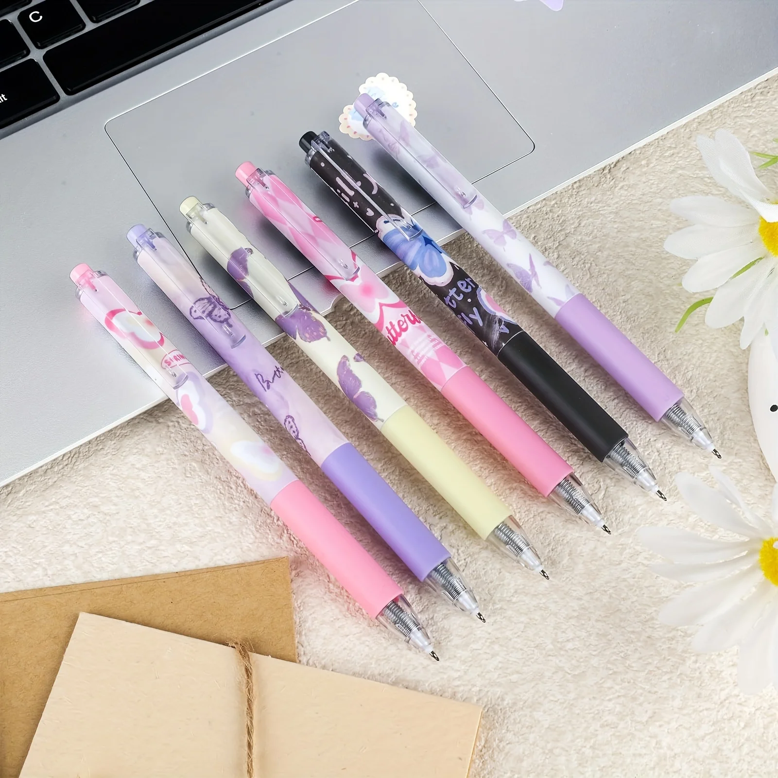6pcs Cute Butterfly Gel Pens Aesthetic Stationary Pens ，Kawaii pen stationery，0.5 Mm Quick-drying Black Ink Pens Fine Point