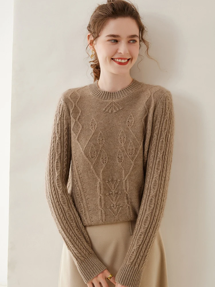 Женский утепленный кашемировый свитер, вязаный пуловер с длинным рукавом и круглым вырезом, Осень-зима 100%