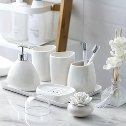 Nordic Bathroom Wash Accessory White Ceramic Soap Dispenser Bottle Mouthwash Cup Soap Dish Toothbrush Cup