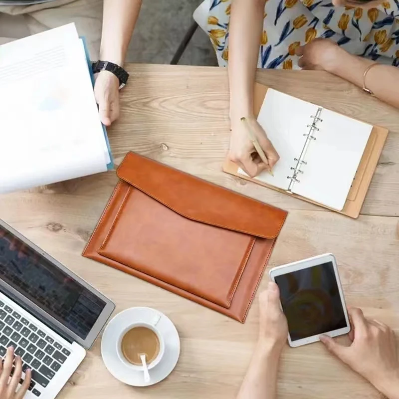 Paper File Folders PU Leather Double Layer Envelope  Case Waterproof Data File Bag Laptop Protective Cover Office Supplier