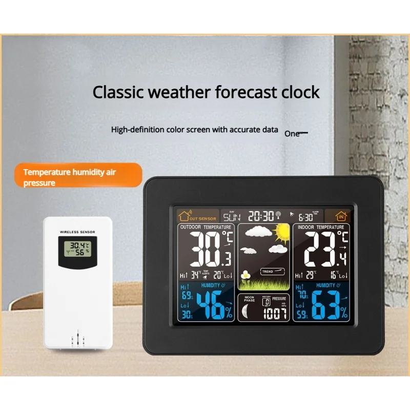 Electronic color screen weather forecast clock black wave clock multifunctional electronic alarm clock RF wireless weather clock
