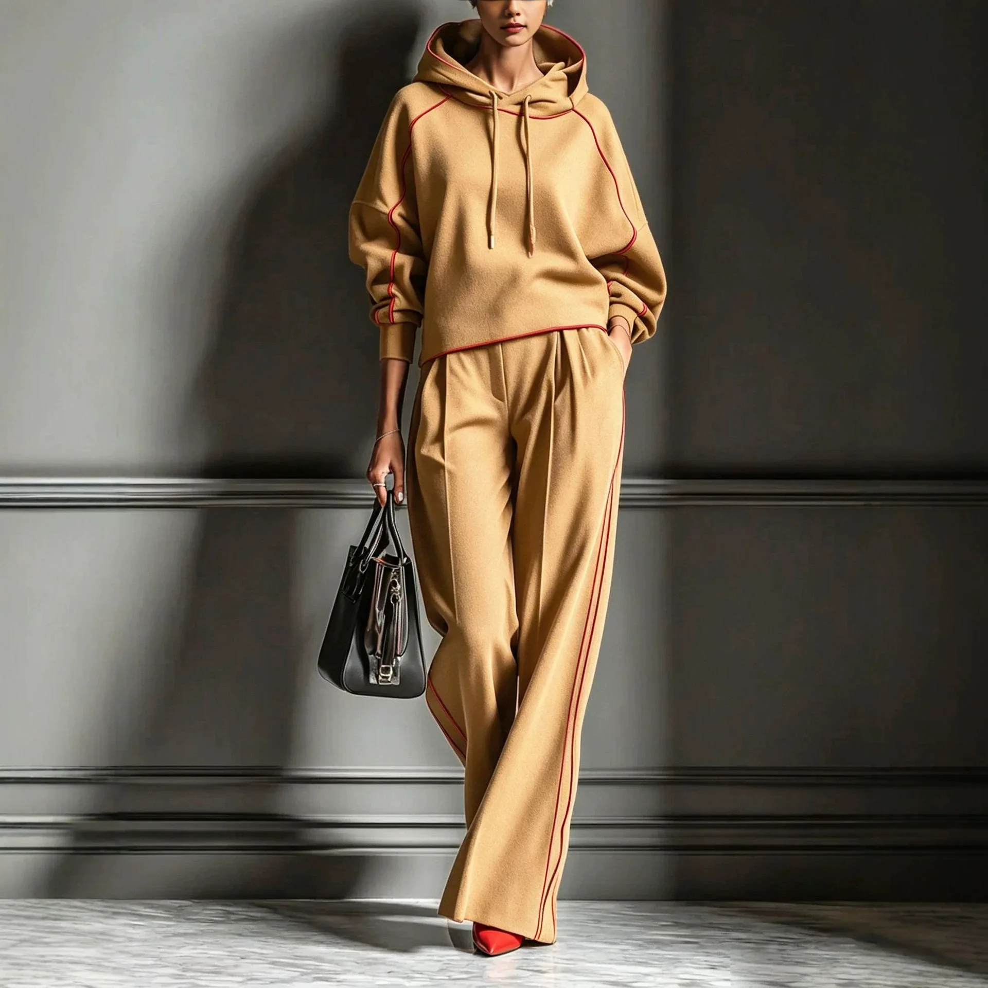 XXOWENLI Chic Black Hoodie Two Women's Autumn Winter New Contrast Stitching Hooded Sweatshirt Wide Leg Trousers Casual Pants Set