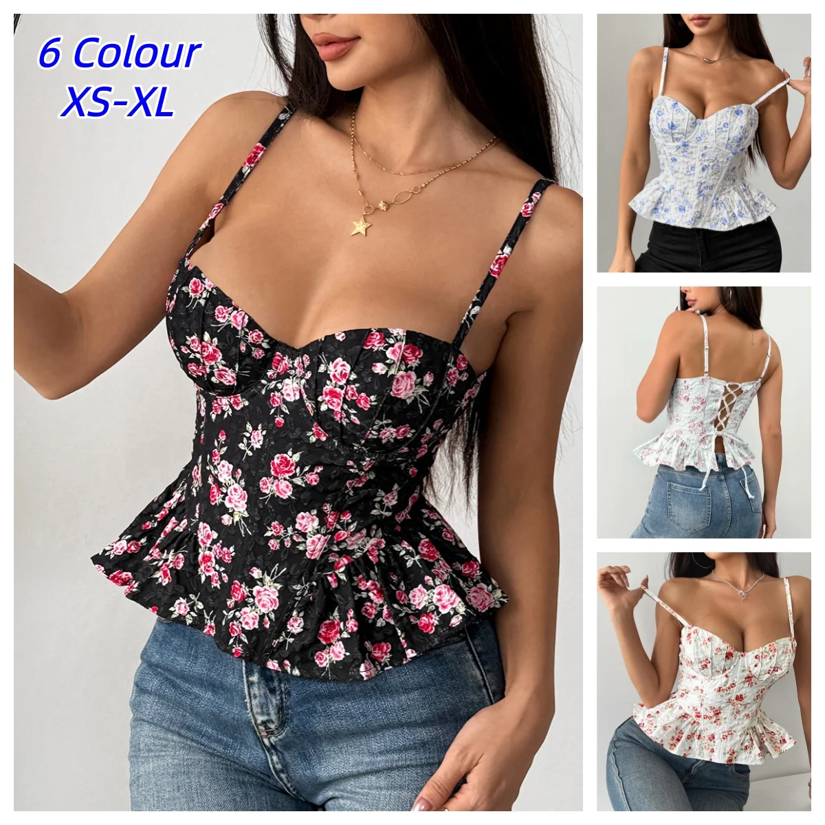 Sexy Slim  Corset Ruffle Print Chic Camis Tank Top Basic Fashion Off Shoulder Women Clothing Floral Fishbone Waist Suspender Top