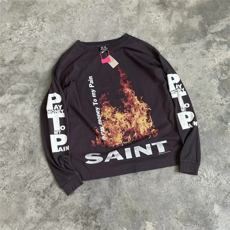 24ss Washed Black Saint Michael Hoodies Men Women High Quality Flame Printing Oversized Hip Hop Long Sleeve T-shirt