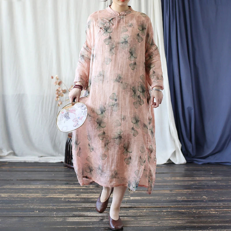 Vestido de lino informal para mujer, recién llegado, primavera 20220, estilo chino, Vintage, cuello mandarín, suelto, corte en A, vestidos largos T451