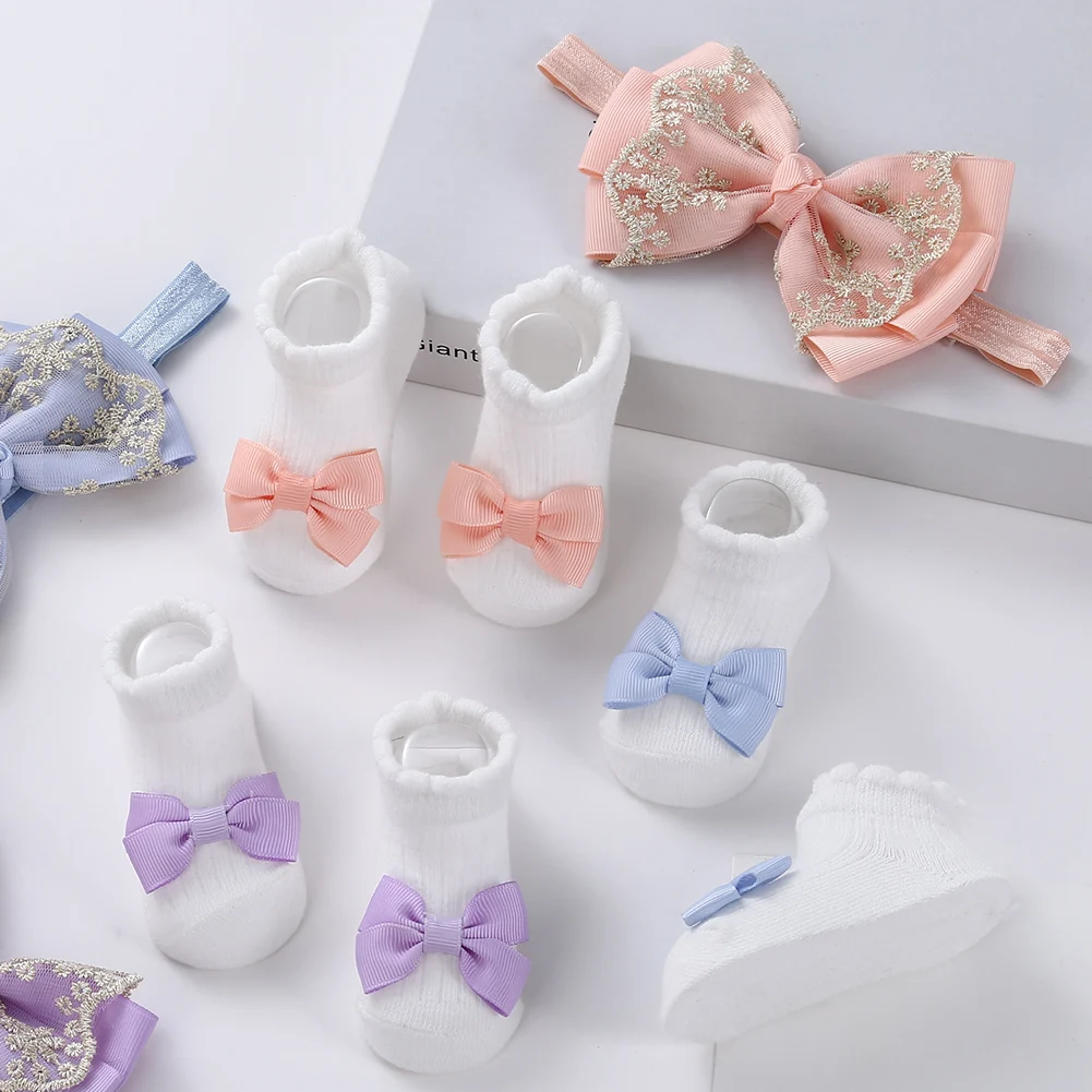 3Pcs/Set Ribbon Bows Baby Cotton Socks Lace Headbands Elastic Stretch Hair Bands 0-12M Maternity Short Sock Headwraps Headwear