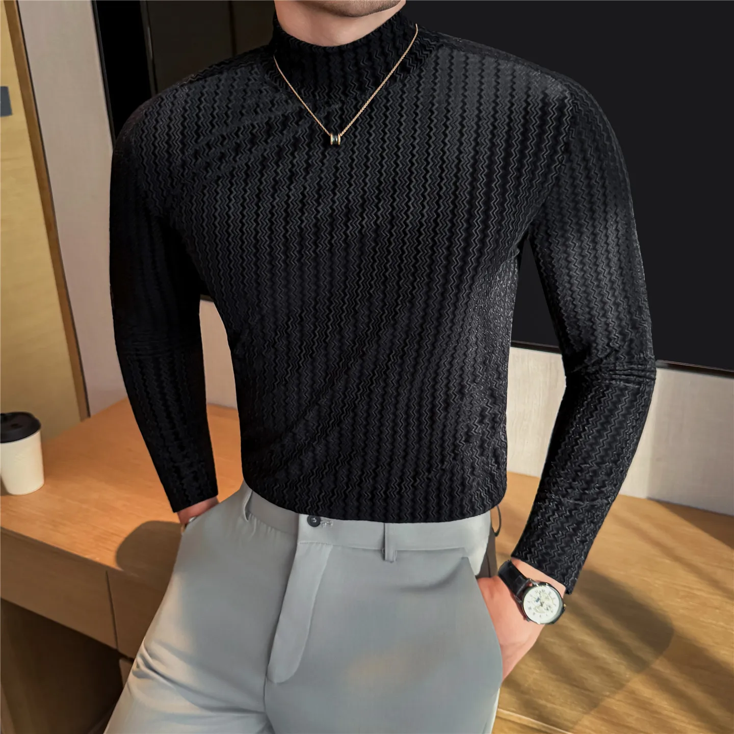 

Осень-зима, полосатая бархатная футболка, мужские рубашки с высоким воротником, футболка с длинным рукавом, эластичный повседневный деловой топ