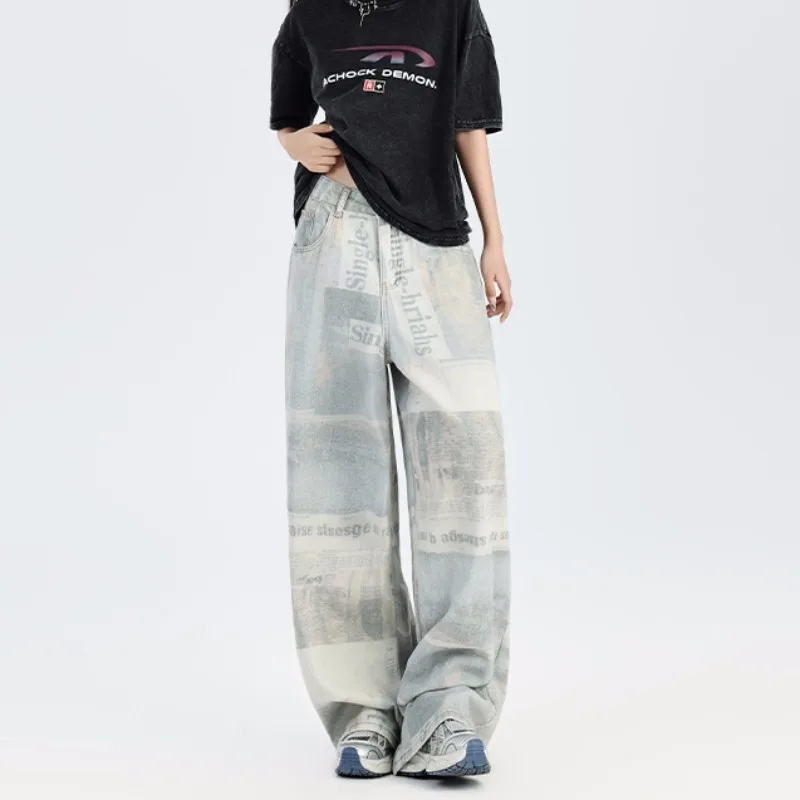 FINEWORDS High Waist Vintage Poster Printing Jeans Women Casual Wide Leg Korean Jeans Y2k Streetwear punk Harajuku Denim Pants