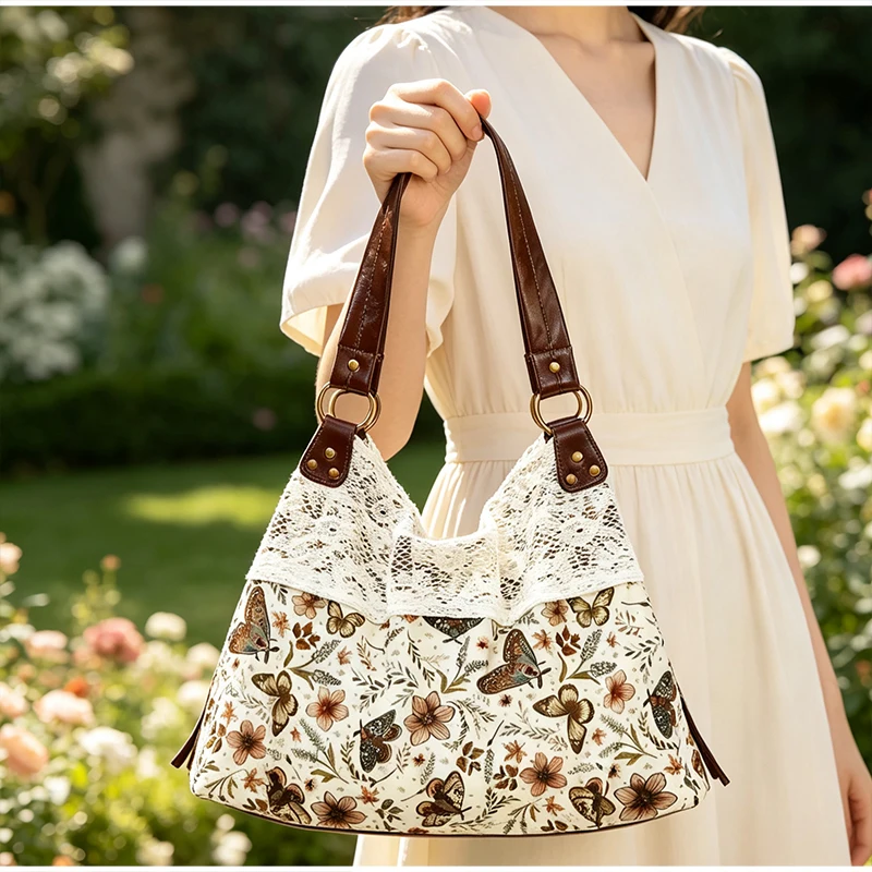 Mori Girl Ditsy-Blumenmuster-Schultertasche mit Spitzenbesatz und Patchwork-Design, Damen-Handtasche im Colorblock-Stil, leichte Vintage-Bohemian-Chic-Tasche – Detail 13