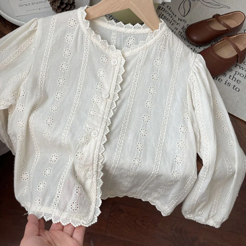 Girl's French Sweet Lace Long Sleeved Cardigan Spring Summer Casual Sunscreen Outerwear 2-7 Years Old Girl Cardigan