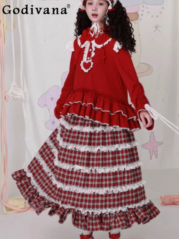Spring Autumn New Japanese Christmas Red Plaid Lolita Retro Skirts Fashion Versatile Age Reduction Cute Girl Lace Princess Skirt