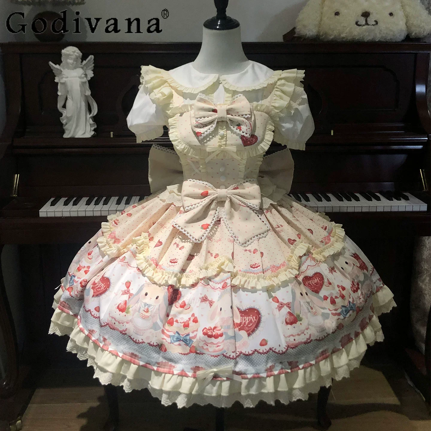 

Original Japanese Kawaii Girl's Lolita Yellow Dress Jsk Woman's Cute Bow Strawberry Dress Princess Birthday Dress Vestidos Mujer