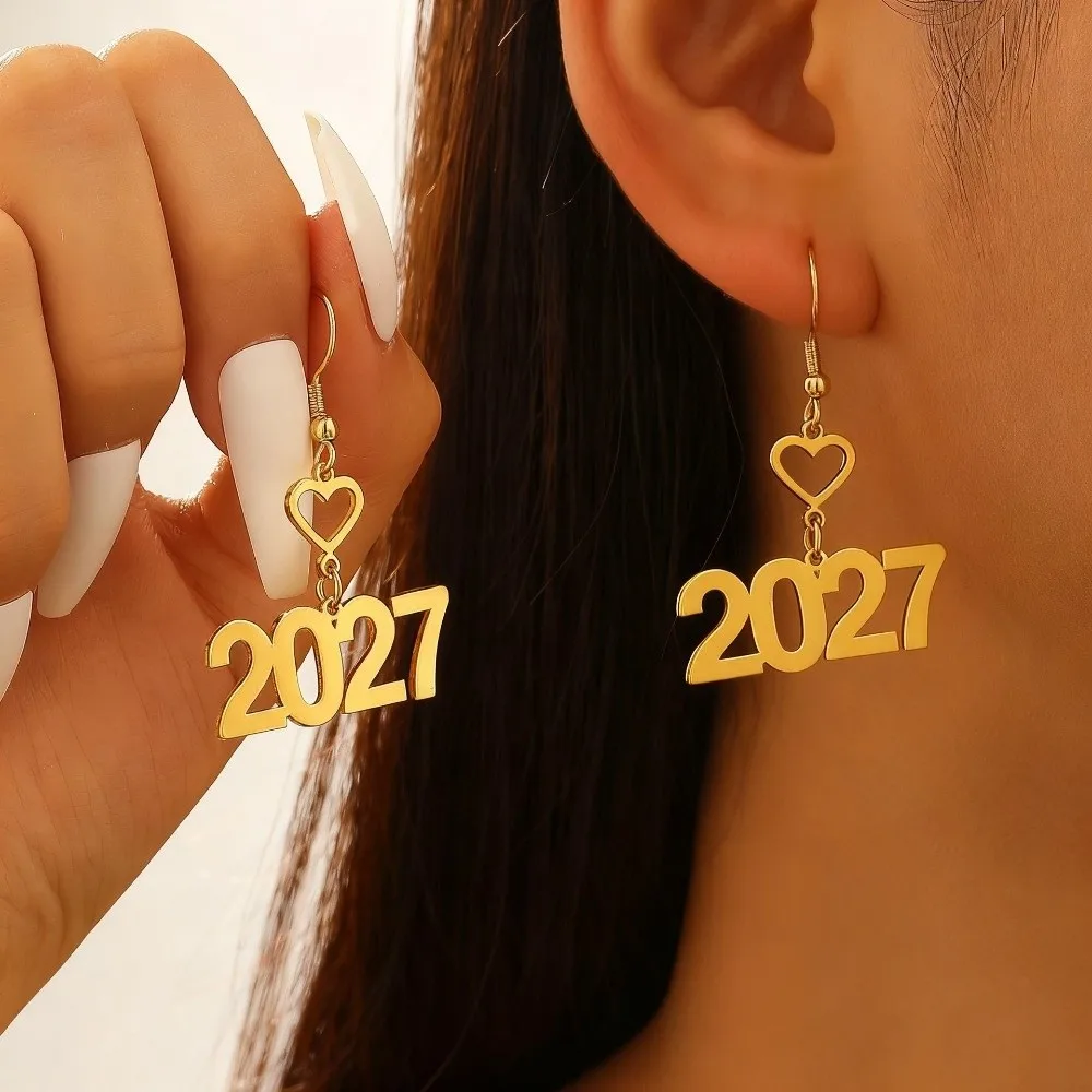 Elegant 2027 Digital Earrings Long Drop Hollowed-out Fashion Happy New Year Earrings Metal Alloy Love Heart Design Stud Earrings