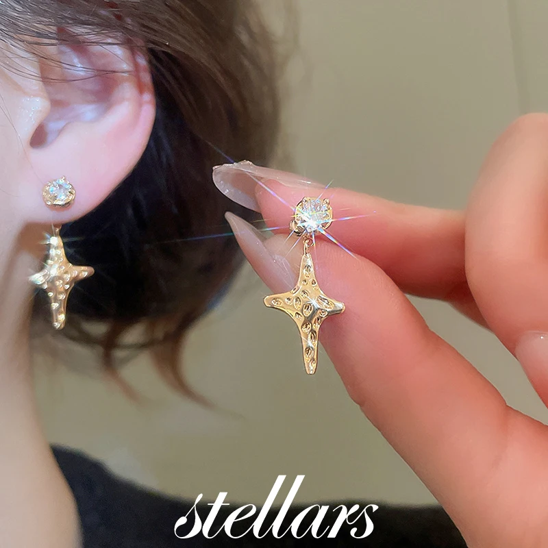 

Design Niche Real Gold Plated Silver Needle Studs Zircon Starburst Personalized Fashion Trend Versatile Earrings