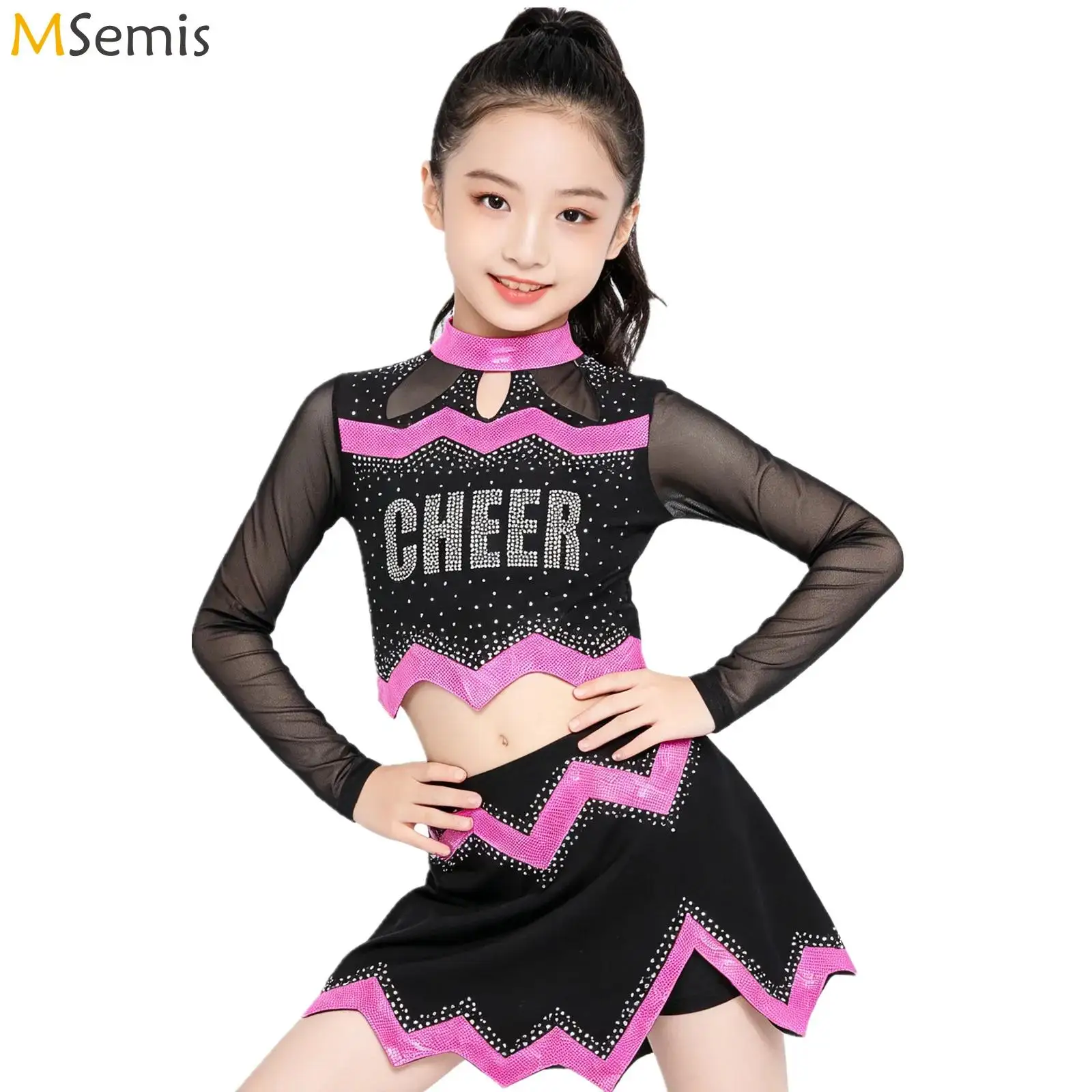 

2Pcs Girls Cheer Leader Costume Cheerleading Uniform Shiny Rhinestone Crop Top And Dance Skirt Set Cheer modern Dance Outfit