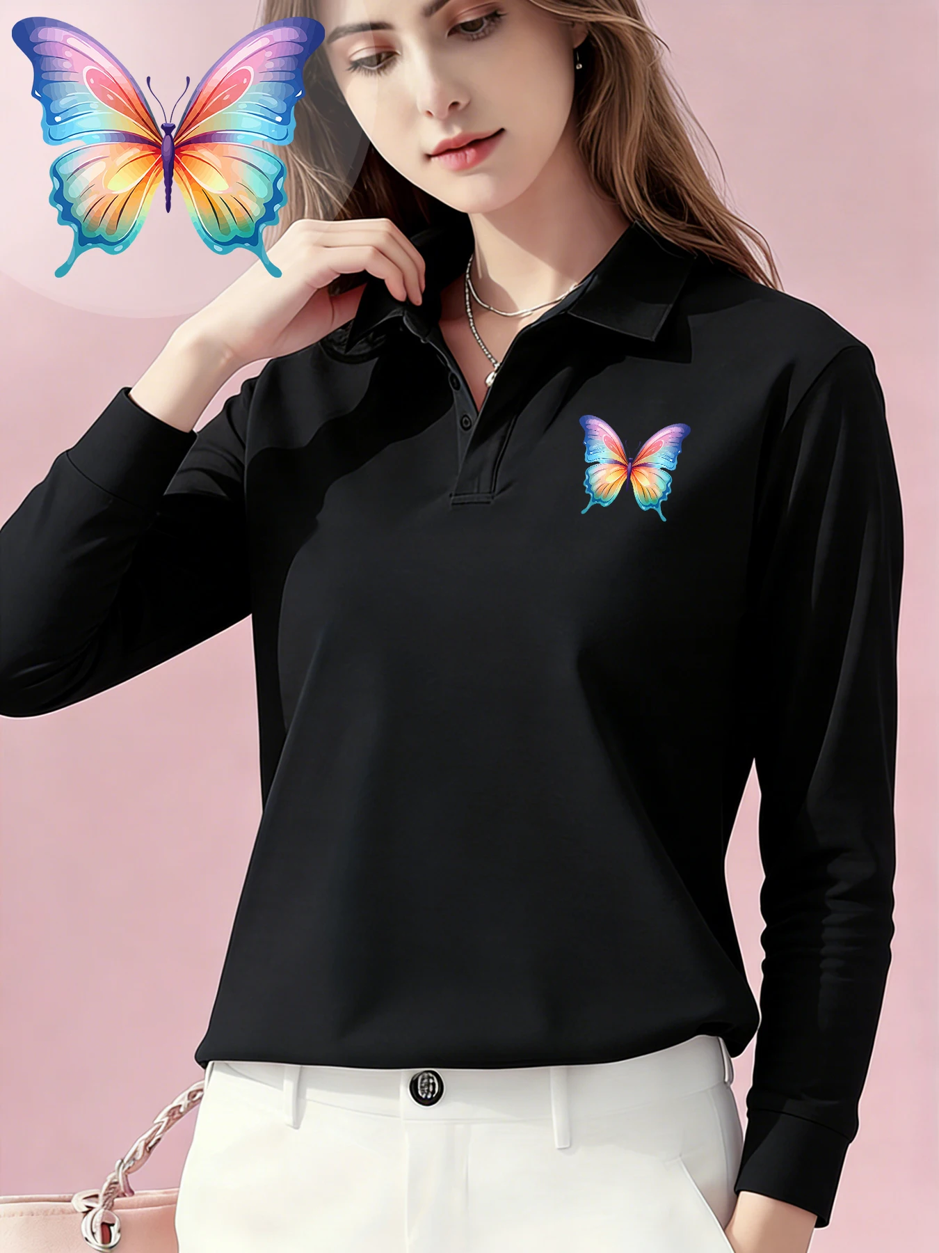

Женская футболка-поло с длинным рукавом, с градиентным радужным принтом и бабочками, шикарная, мягкая, повседневная, для офиса